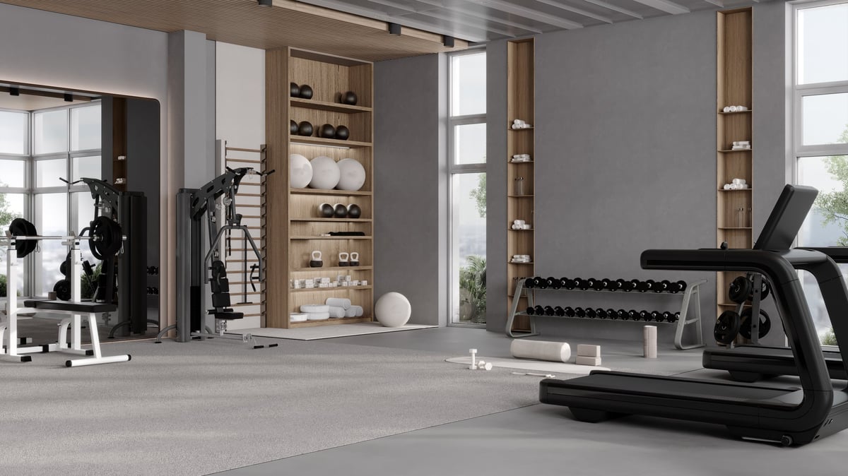 Modern gym interior with sport and fitness equipment